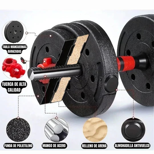 Pesas Mancuerna 20kg Set Convertible A Barra Y Pesa Rusa